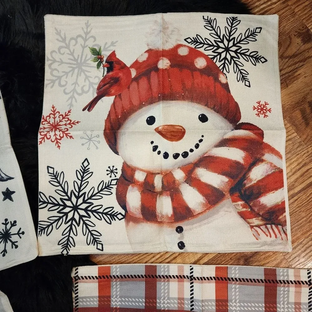 Set of 4 Throw Pillow Covers Snowman, Joy, Believe, Christmas Trees 18